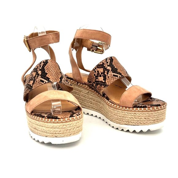 Crown Vintage Espadrille Platform Sandals Womens 9M Snake Print Tan Ankle Strap - Picture 1 of 14